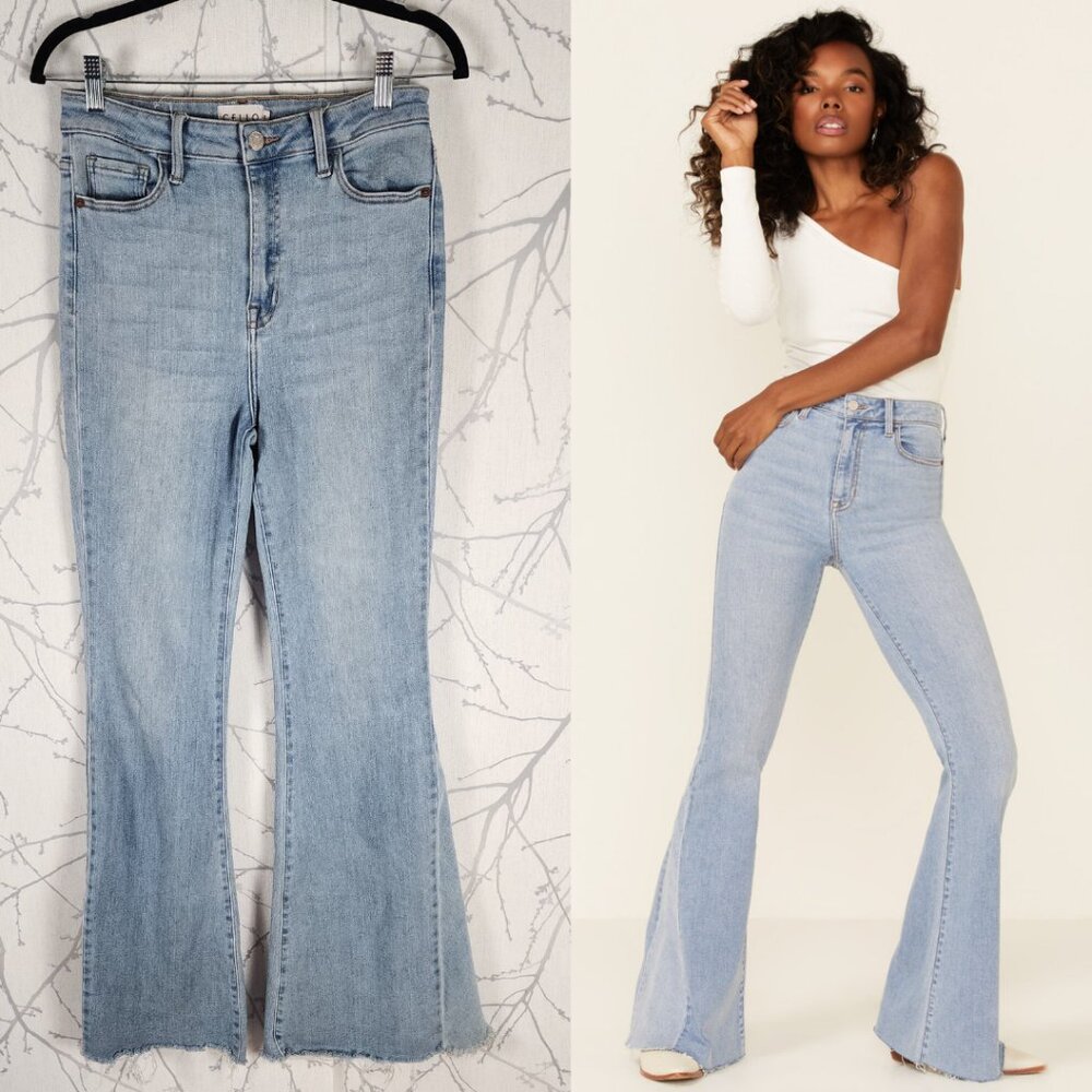 Cello Light Wash Stretch Denim High Rise Flare Jeans Raw Hem